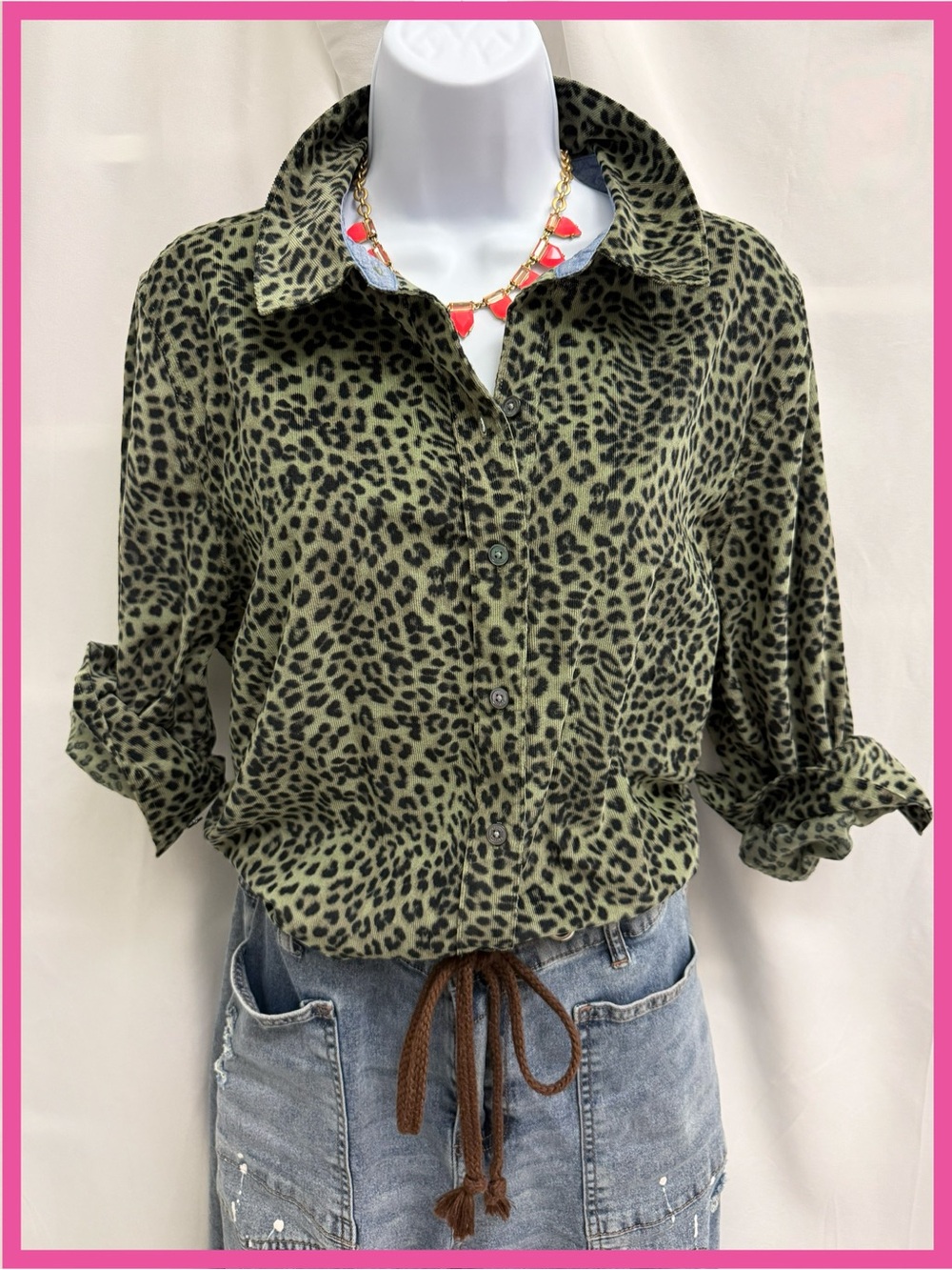 Tommy Bahama Corduroy Olive Green and Black Leopard Button-Down Shirt